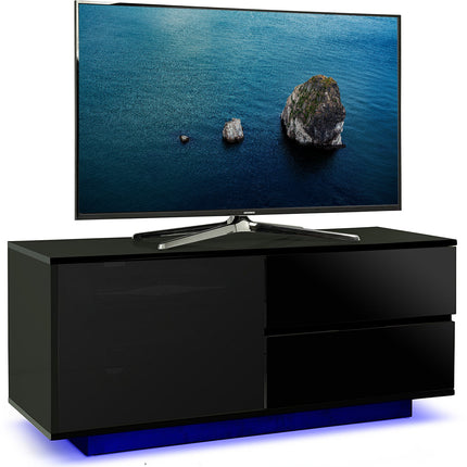 Centurion Supports Gallus ULTRA Remote Friendly Beam-Thru Gloss Black with 2-Black Drawers 32"-55" LED/OLED/LCD TV Cabinet with 16 colour LED Lights