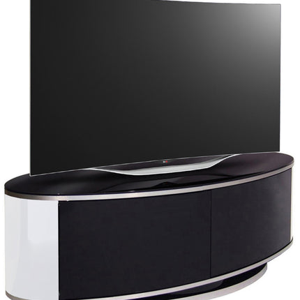 MDA Designs LUNA Gloss Black Oval Cabinet with White Profiles and Black BeamThru Glass Doors Suitable for Flat Screen TVs up to 50"
