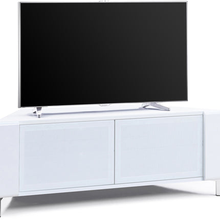 MDA Designs CORVUS Corner-Friendly Gloss White Contemporary Cabinet with White Profiles White BeamThru Glass Doors Suitable for Flat Screen TVs up to 50"