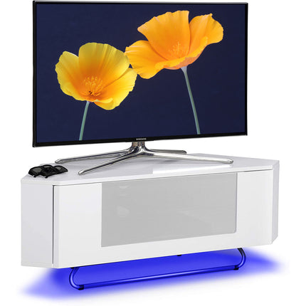 Centurion Supports Hampshire Corner-Friendly Gloss White with Beam-Thru Remote Friendly Door 26"-50" Flat Screen TV Cabinet with 16 Colour LED Lights
