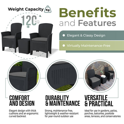 Centurion Supports OPHELIA 3-Piece Rattan Garden Furniture High Back Armchair Set with Side Table in Black