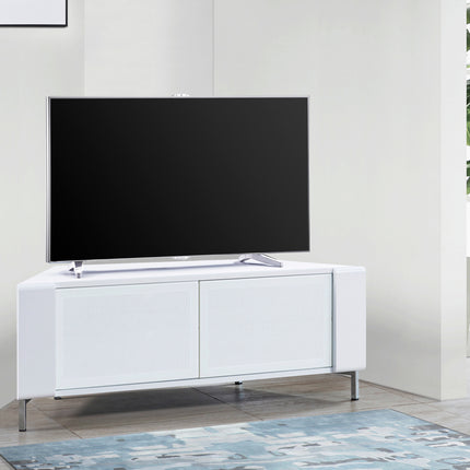 MDA Designs CORVUS Corner-Friendly Gloss White Contemporary Cabinet with White Profiles White BeamThru Glass Doors Suitable for Flat Screen TVs up to 50"