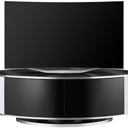 MDA Designs LUNA Gloss Black Oval Cabinet with White Profiles and Black BeamThru Glass Doors Suitable for Flat Screen TVs up to 50"