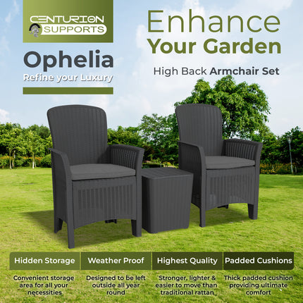 Centurion Supports OPHELIA 3-Piece Rattan Garden Furniture High Back Armchair Set with Side Table in Black