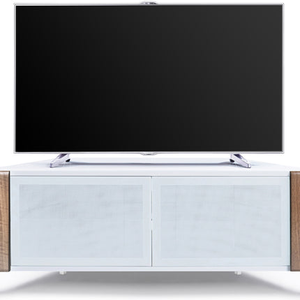 MDA Designs CORVUS Corner-Friendly Gloss White Contemporary Cabinet with Walnut Profiles White BeamThru Glass Doors for Flat Screen TVs up to 50"