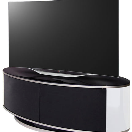 MDA Designs LUNA Gloss Black Oval Cabinet with White Profiles and Black BeamThru Glass Doors Suitable for Flat Screen TVs up to 50"