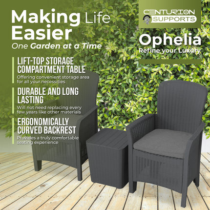 Centurion Supports OPHELIA 3-Piece Rattan Garden Furniture High Back Armchair Set with Side Table in Black