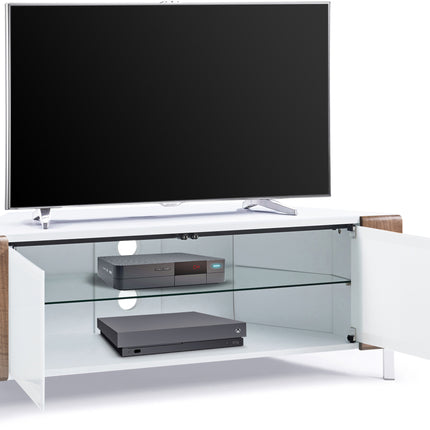 MDA Designs CORVUS Corner-Friendly Gloss White Contemporary Cabinet with Walnut Profiles White BeamThru Glass Doors for Flat Screen TVs up to 50"
