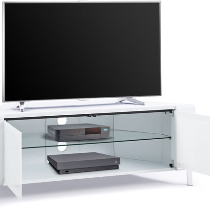 MDA Designs CORVUS Corner-Friendly Gloss White Contemporary Cabinet with White Profiles White BeamThru Glass Doors Suitable for Flat Screen TVs up to 50"