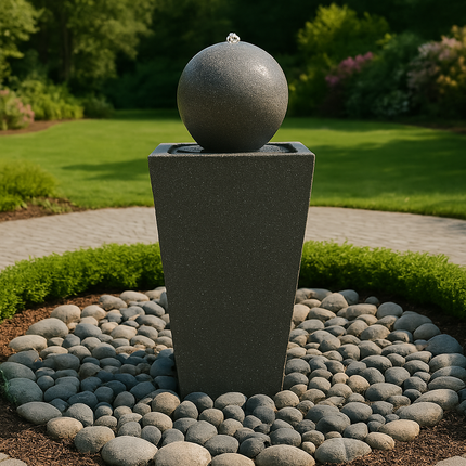 MDA Designs Osiris Outdoor Sphere and Column Water Feature LED Lit Self-Contained Garden and Patio Water Fountain
