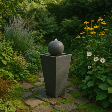 MDA Designs Osiris Outdoor Sphere and Column Water Feature LED Lit Self-Contained Garden and Patio Water Fountain
