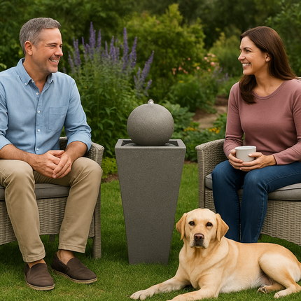 MDA Designs Osiris Outdoor Sphere and Column Water Feature LED Lit Self-Contained Garden and Patio Water Fountain