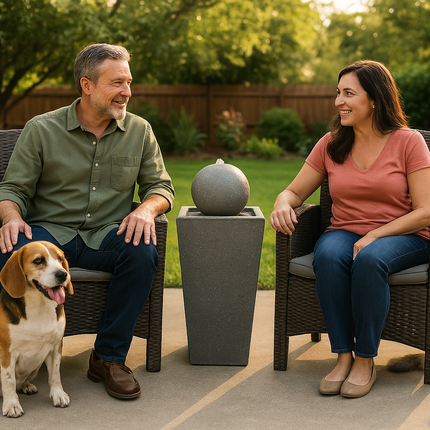 MDA Designs Osiris Outdoor Sphere and Column Water Feature LED Lit Self-Contained Garden and Patio Water Fountain