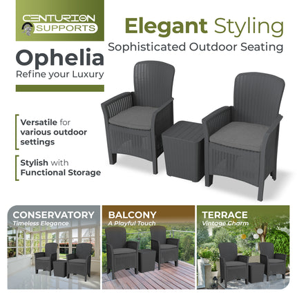 Centurion Supports OPHELIA 3-Piece Rattan Garden Furniture High Back Armchair Set with Side Table in Black