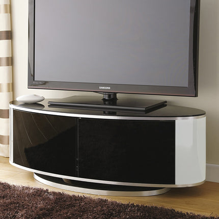 MDA Designs LUNA Gloss Black Oval Cabinet with White Profiles and Black BeamThru Glass Doors Suitable for Flat Screen TVs up to 50"