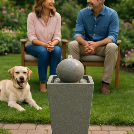 MDA Designs Osiris Outdoor Sphere and Column Water Feature LED Lit Self-Contained Garden and Patio Water Fountain