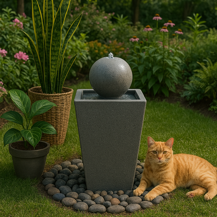 MDA Designs Osiris Outdoor Sphere and Column Water Feature LED Lit Self-Contained Garden and Patio Water Fountain
