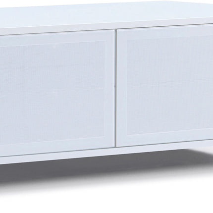 MDA Designs CORVUS Corner-Friendly Gloss White Contemporary Cabinet with White Profiles White BeamThru Glass Doors Suitable for Flat Screen TVs up to 50"