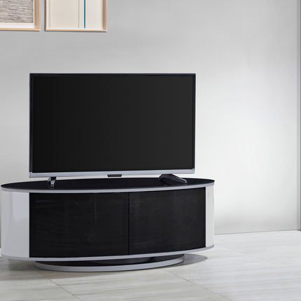 MDA Designs LUNA Gloss Black Oval Cabinet with White Profiles and Black BeamThru Glass Doors Suitable for Flat Screen TVs up to 50"
