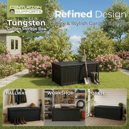 Centurion Supports TUNGSTEN 450 Litre 119 Gallon Waterproof Extra Large Lockable Easy-Open Garden Storage Box Outdoor Organiser in Black