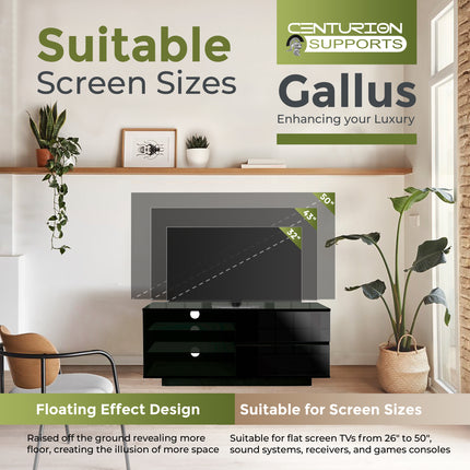 Centurion Supports Gallus ULTRA Remote Friendly Beam-Thru Gloss Black with 2-Black Drawers 32"-55" LED/OLED/LCD TV Cabinet with 16 colour LED Lights