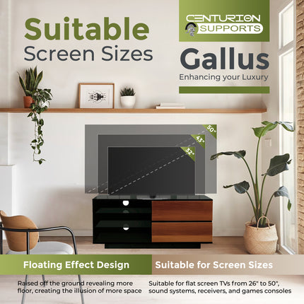 Centurion Supports GALLUS ULTRA Remote Friendly BeamThru Gloss Black with 2-Walnut Drawers 32"-55" Flat Screen TV Cabinet
