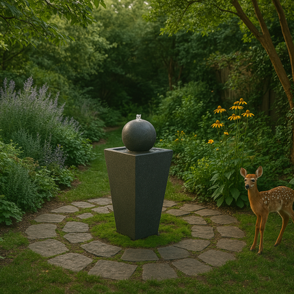 MDA Designs Osiris Outdoor Sphere and Column Water Feature LED Lit Self-Contained Garden and Patio Water Fountain