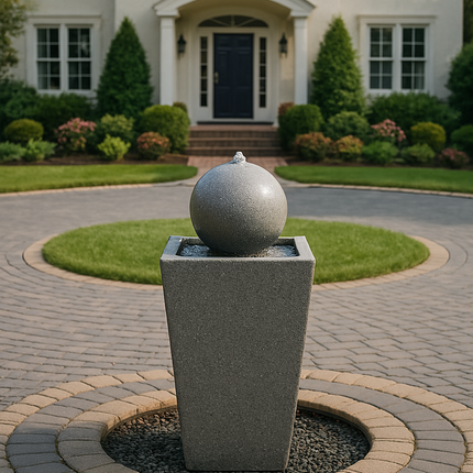 MDA Designs Osiris Outdoor Sphere and Column Water Feature LED Lit Self-Contained Garden and Patio Water Fountain