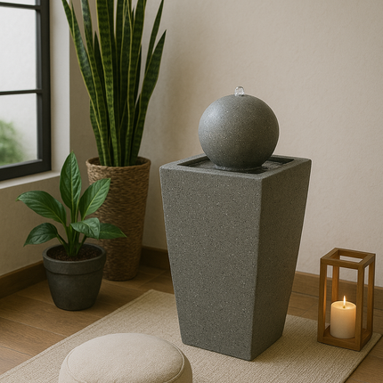 MDA Designs Osiris Outdoor Sphere and Column Water Feature LED Lit Self-Contained Garden and Patio Water Fountain