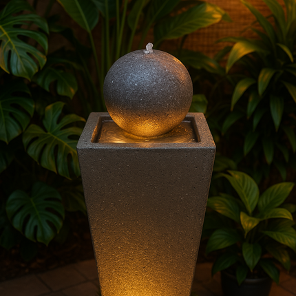 MDA Designs Osiris Outdoor Sphere and Column Water Feature LED Lit Self-Contained Garden and Patio Water Fountain
