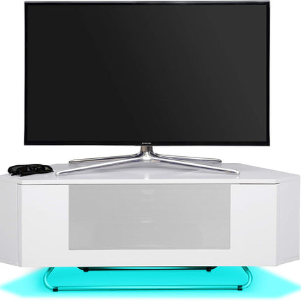 Centurion Supports Hampshire Corner-Friendly Gloss White with Beam-Thru Remote Friendly Door 26"-50" Flat Screen TV Cabinet with 16 Colour LED Lights