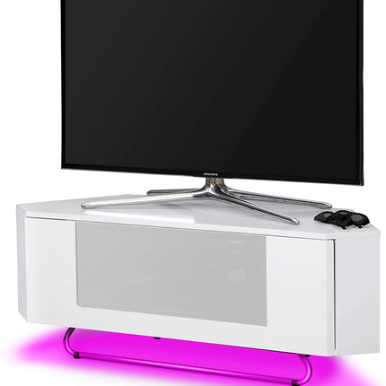 Centurion Supports Hampshire Corner-Friendly Gloss White with Beam-Thru Remote Friendly Door 26"-50" Flat Screen TV Cabinet with 16 Colour LED Lights