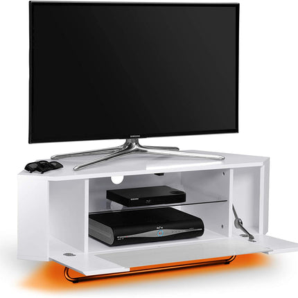 Centurion Supports Hampshire Corner-Friendly Gloss White with Beam-Thru Remote Friendly Door 26"-50" Flat Screen TV Cabinet with 16 Colour LED Lights