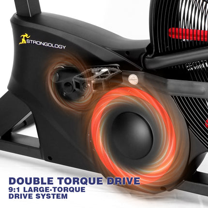 Strongology TITANIUM Assault Bike Adjustable Resistance Dual Belt Magnetic 24” Fan Professional Air Bike with Clear LCD Display