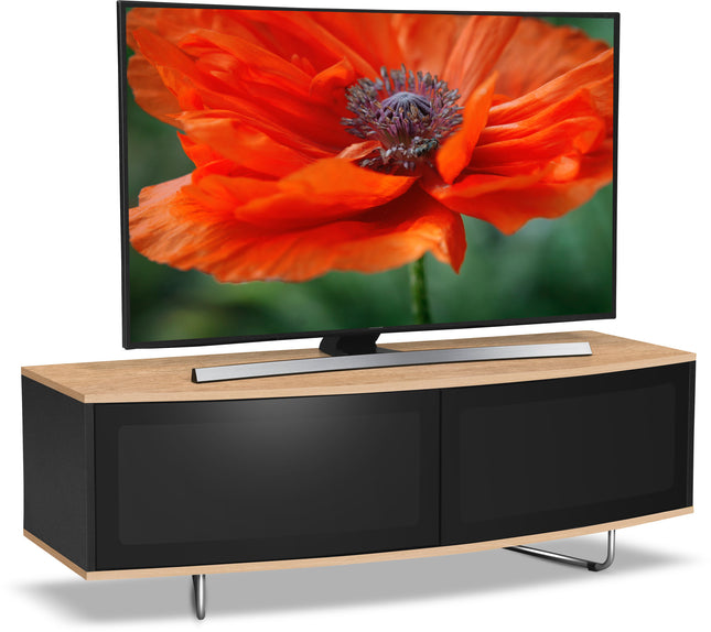 Centurion Supports Caru Gloss Black and Oak Beam-Thru Remote Friendly Super-Contemporary "D" Shape Design 32"-65" LED/OLED/LCD TV Cabinet