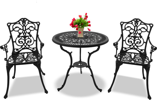 Centurion Supports TABREEZ Garden and Patio Table and 2 Large Chairs with Armrests Cast Aluminium Bistro Set - Black