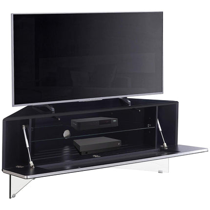 MDA Designs Antares HYBRID Black Corner-Friendly with Clear Acrylic Legs Hover Effect & Remote-Friendly Glass Door TV Cabinet - Grade A