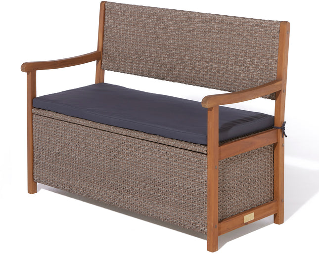 150L Underseat Storage Rattan Two-Seater Bench with Grey Seat Pad