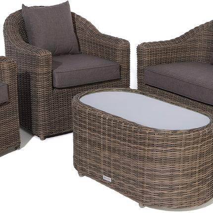 Outdoor Four-Piece Rattan Effect Furniture Set with Frosted Glass Top Table in Neutral Tones