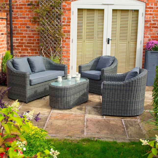 Outdoor Four-Piece Rattan Effect Furniture Set with Frosted Glass Top Table in Grey