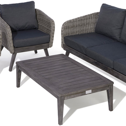 Outdoor Rattan Effect Weave 4-Piece Set with Cushions and Hardwood Coffee Table - Natural