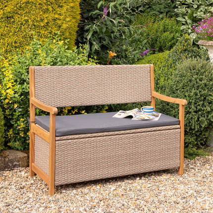 150L Underseat Storage Rattan Two-Seater Bench with Grey Seat Pad