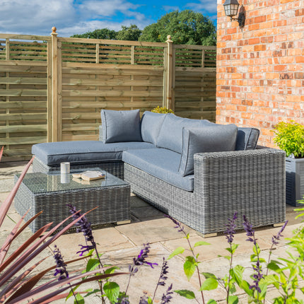 Outdoor Rattan Effect Weave 2-Piece Set with Cushions and Glass Table - Grey