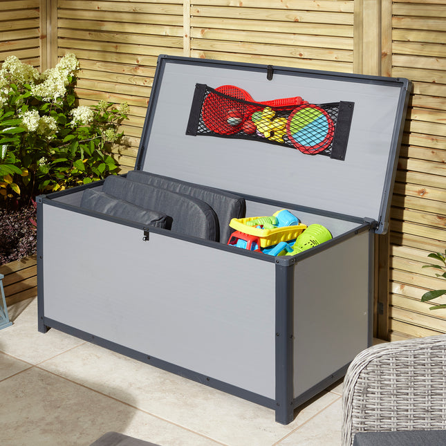 342 Litre Box Lift-up Lid Storage Container in Light Grey with Dark Grey Trim Organiser