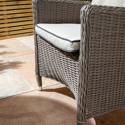 Outdoor Three-Piece Rattan Effect Furniture Set with Glass Top Table in Natural Stone Grey