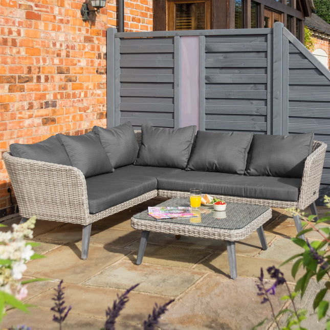 Outdoor Rattan Effect Weave 2-Piece Set with Cushions and Glass Table - Natural