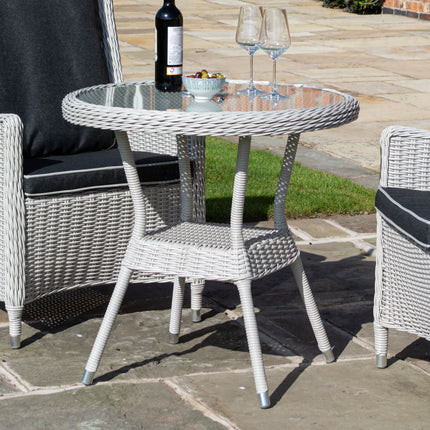 Outdoor Three-Piece Rattan Effect Furniture Set with Glass Top Table in Natural Grey