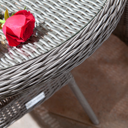 Outdoor Three-Piece Rattan Effect Furniture Set with Glass Top Table in Natural Stone Grey