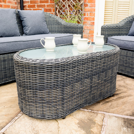 Outdoor Four-Piece Rattan Effect Furniture Set with Frosted Glass Top Table in Grey