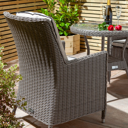 Outdoor Three-Piece Rattan Effect Furniture Set with Glass Top Table in Natural Stone Grey